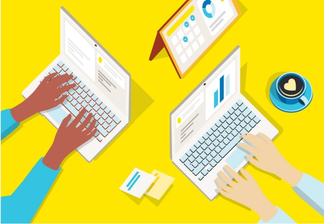 Collaborative workspace with laptops and coffee